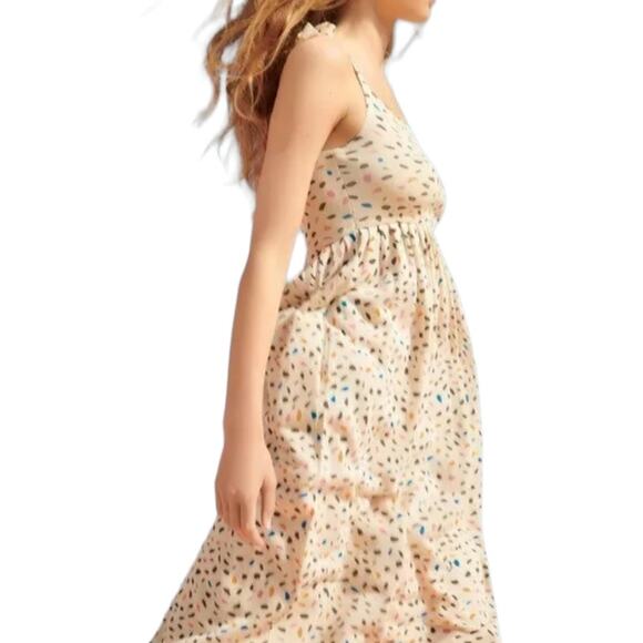 Zara Confetti Print Tie Strap Midi Dress Medium Yellow Stretch Knit Pockets - Picture 2 of 7